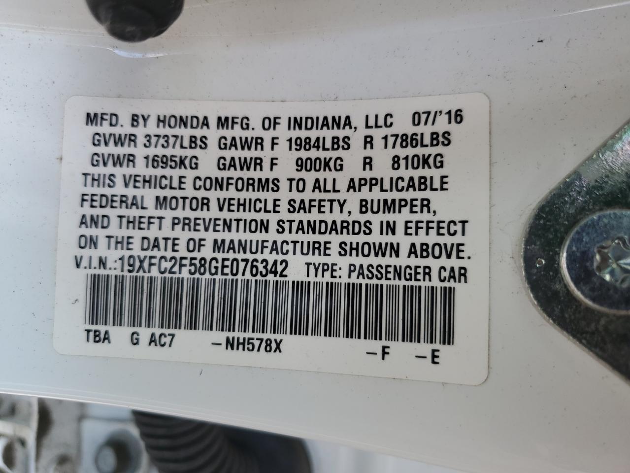 2016 Honda Civic Lx VIN: 19XFC2F58GE076342 Lot: 64946905