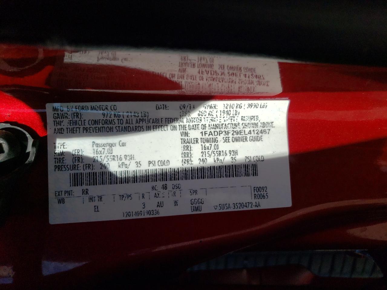 2014 Ford Focus Se VIN: 1FADP3F29EL412467 Lot: 64664005
