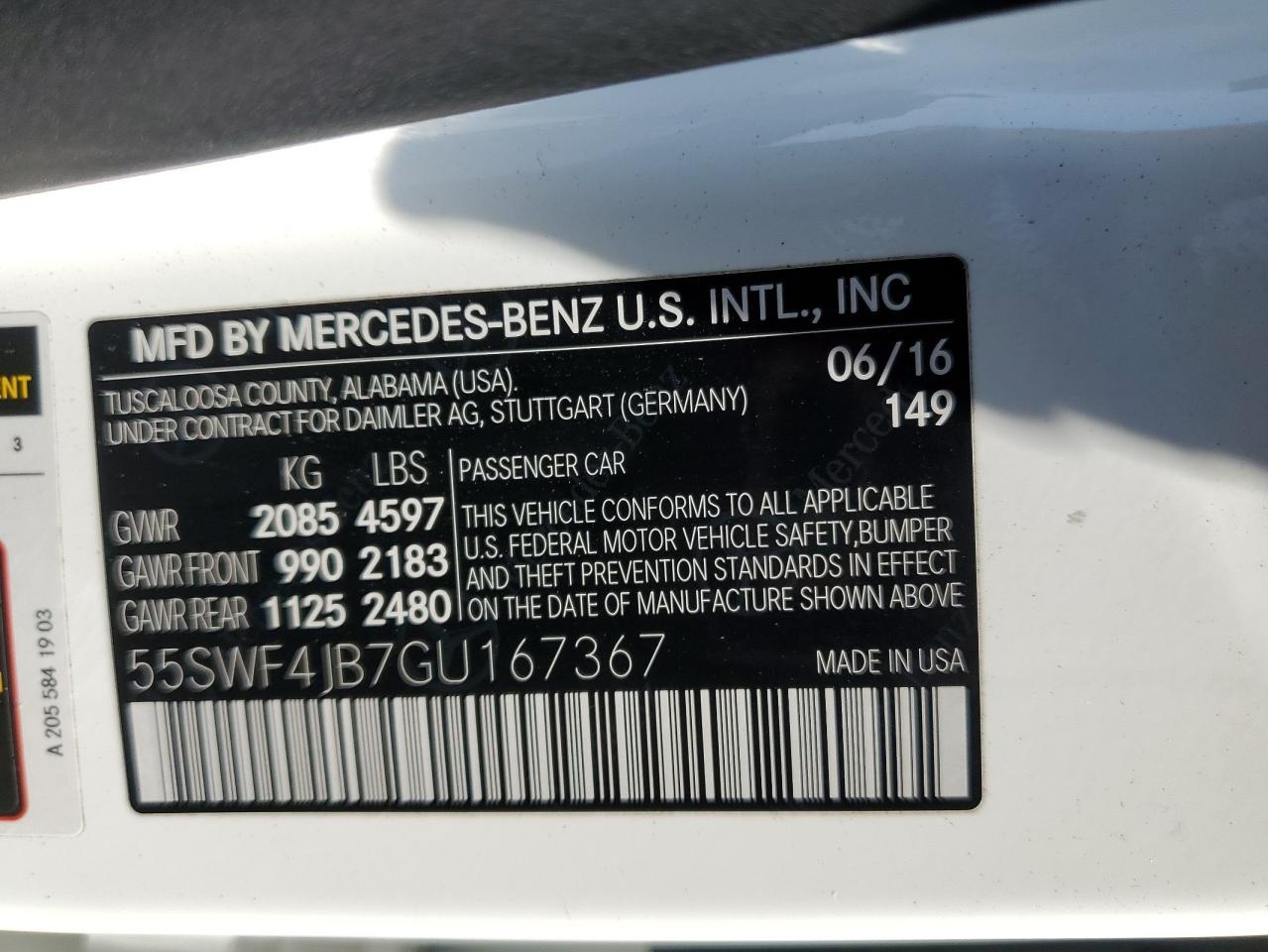2016 Mercedes-Benz C 300 VIN: 55SWF4JB7GU167367 Lot: 65421495