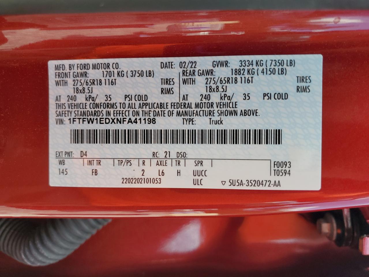 2022 Ford F150 Supercrew VIN: 1FTFW1EDXNFA41198 Lot: 60982295