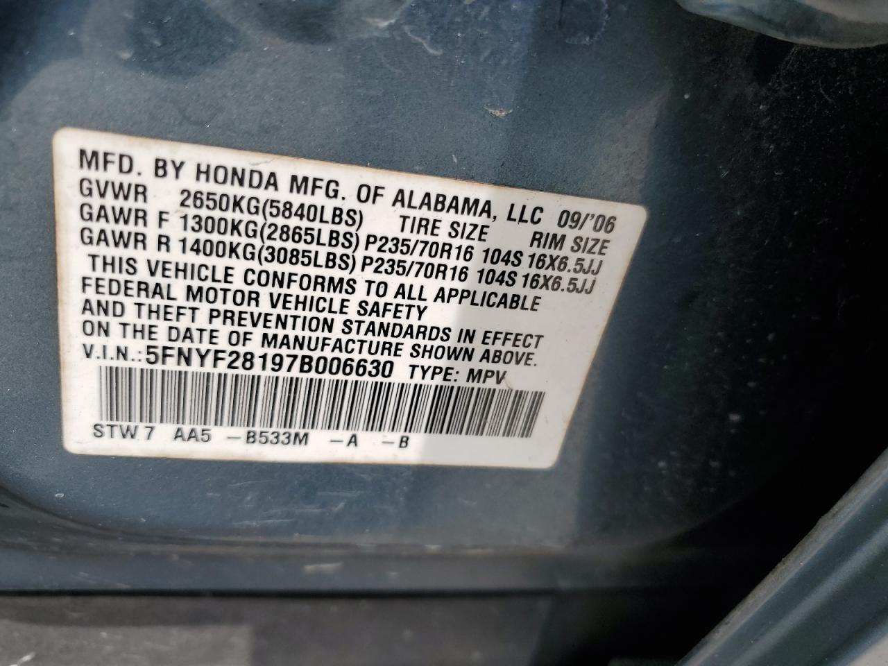 2007 Honda Pilot Lx VIN: 5FNYF28197B006630 Lot: 64804395