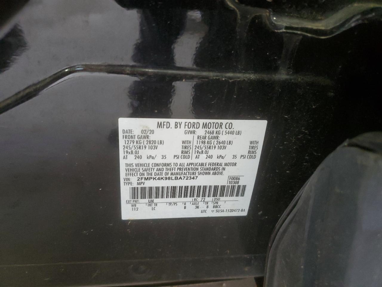 2020 Ford Edge Titanium VIN: 2FMPK4K98LBA72347 Lot: 64035385