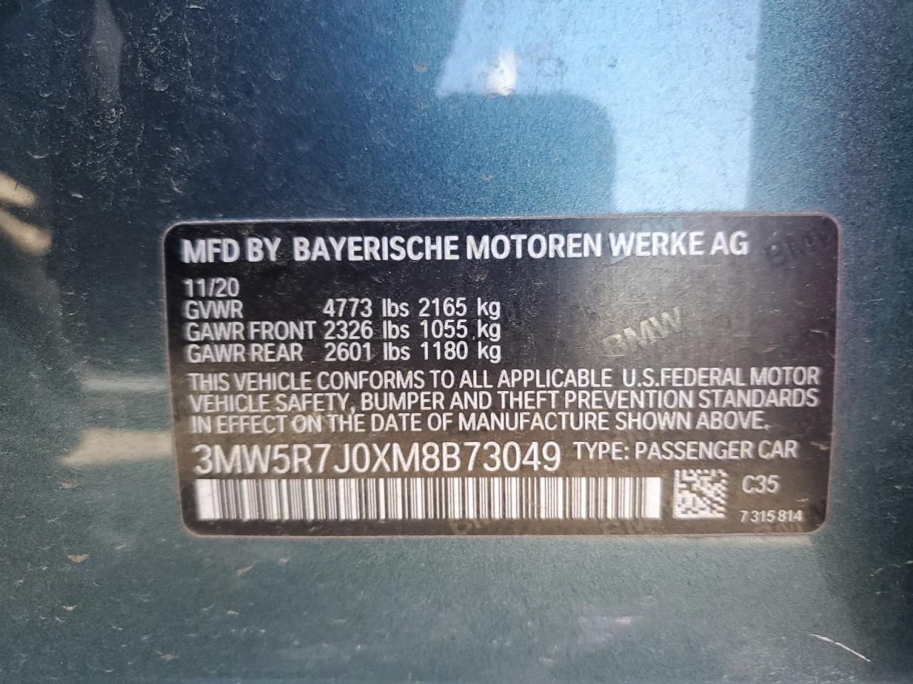 2021 BMW 330Xi VIN: 3MW5R7J0XM8B73049 Lot: 64826415