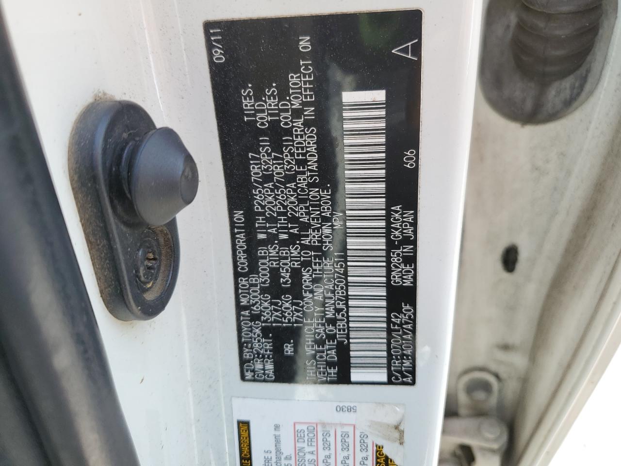 2011 Toyota 4Runner Sr5 VIN: JTEBU5JR7B5074511 Lot: 62939565