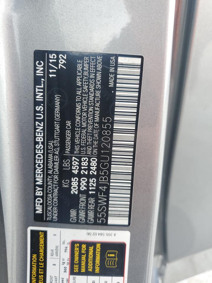 2016 Mercedes-Benz C 300 VIN: 55SWF4JB5GU120855 Lot: 66085735