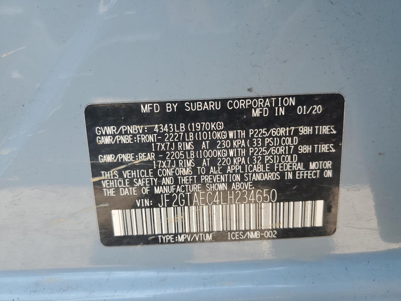 2020 Subaru Crosstrek Premium VIN: JF2GTAEC4LH234650 Lot: 63109365