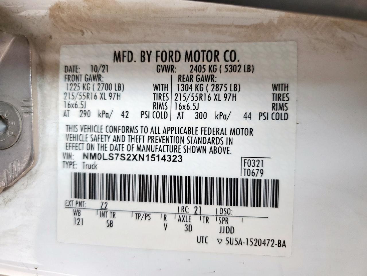 2022 Ford Transit Connect Xl VIN: NM0LS7S2XN1514323 Lot: 65430495