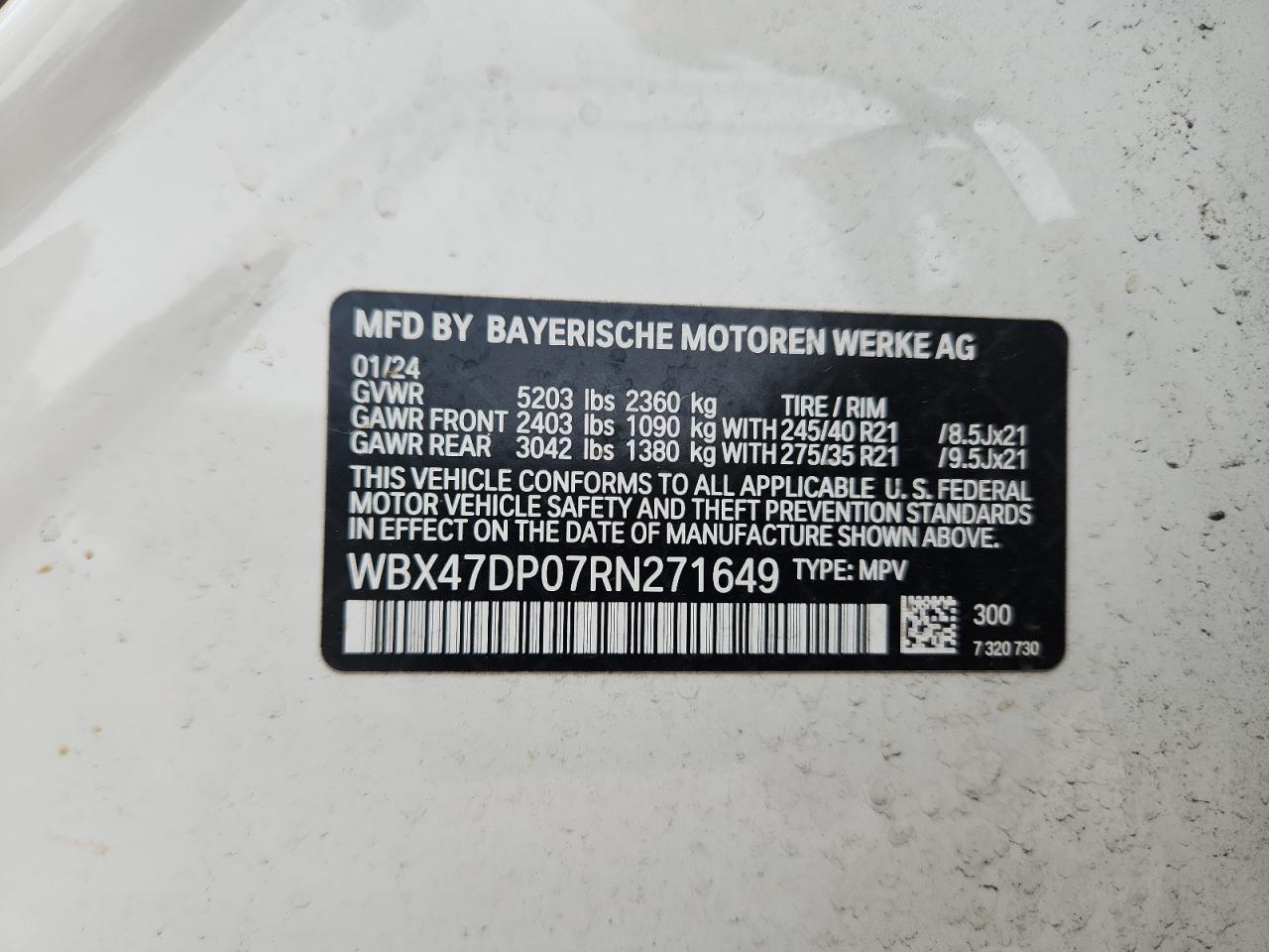 2024 BMW X3 Sdrive30I VIN: WBX47DP07RN271649 Lot: 65114925
