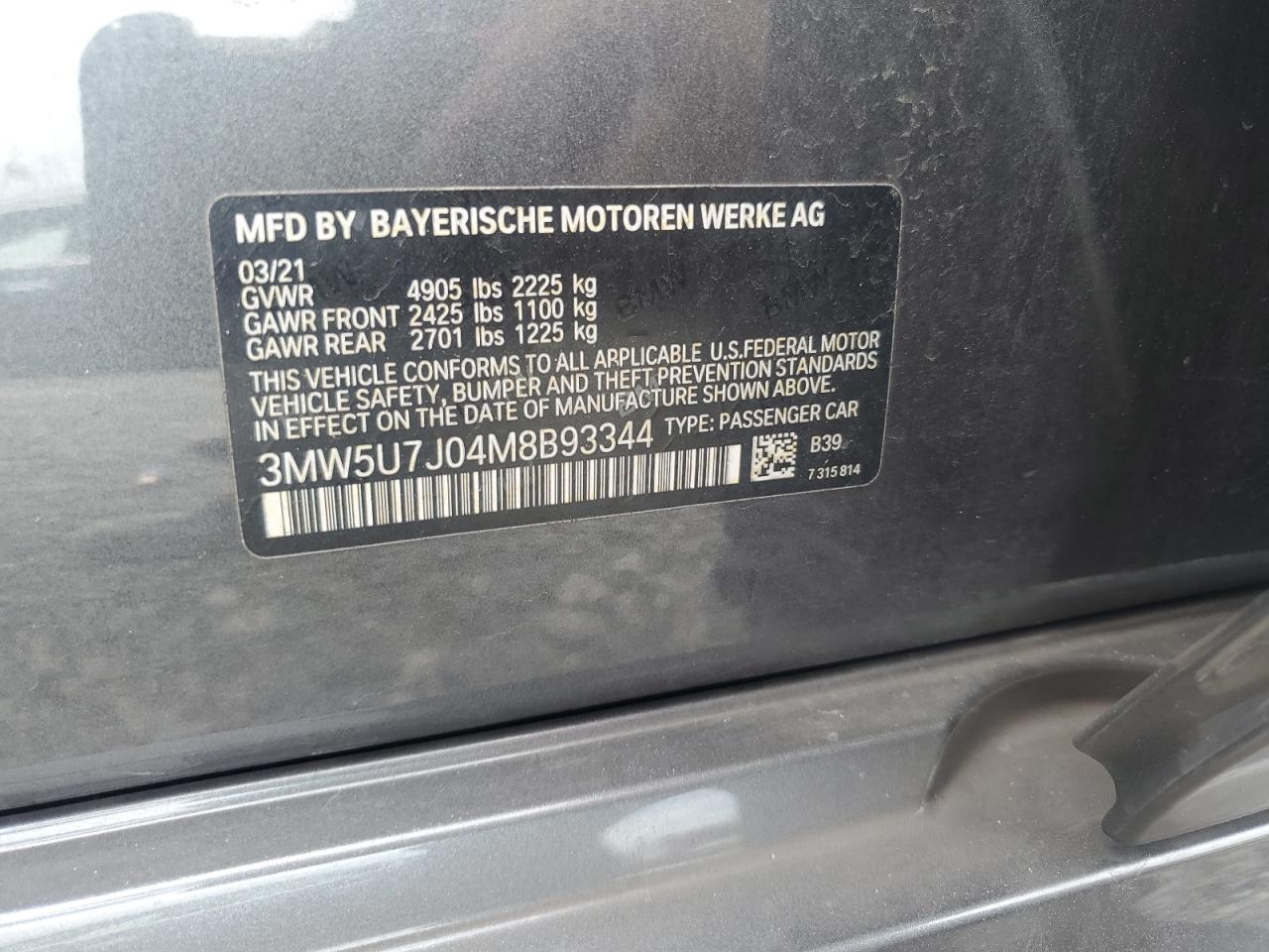 2021 BMW M340I VIN: 3MW5U7J04M8B93344 Lot: 64075005