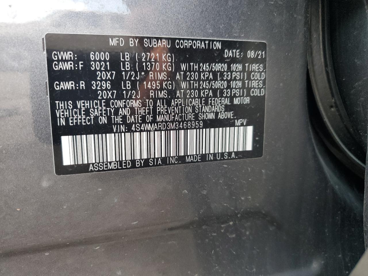 2021 Subaru Ascent Touring VIN: 4S4WMARD3M3468959 Lot: 63516505