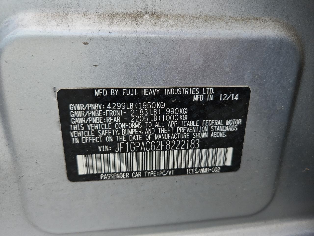2015 Subaru Impreza Premium VIN: JF1GPAC62F8222183 Lot: 63879725