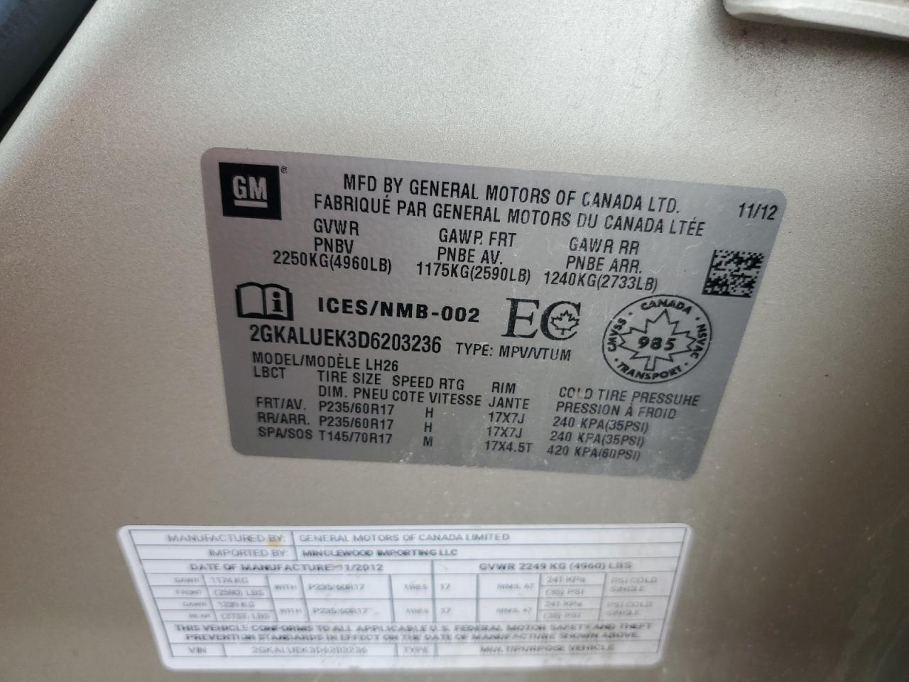 2012 GMC Terrain Slt VIN: 2GKFLUE55C6391305 Lot: 67063975