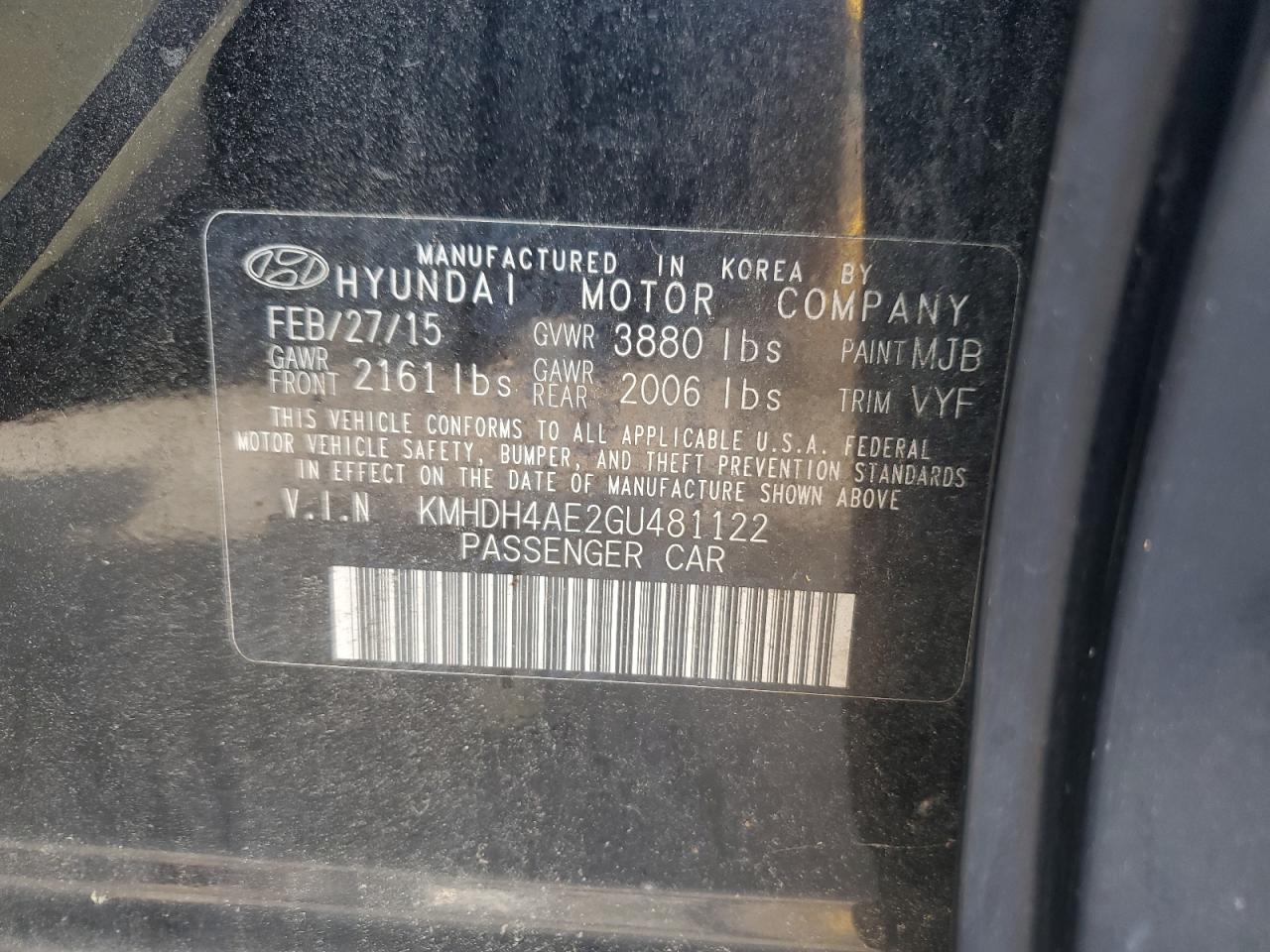 2016 Hyundai Elantra Se VIN: KMHDH4AE2GU481122 Lot: 64994385