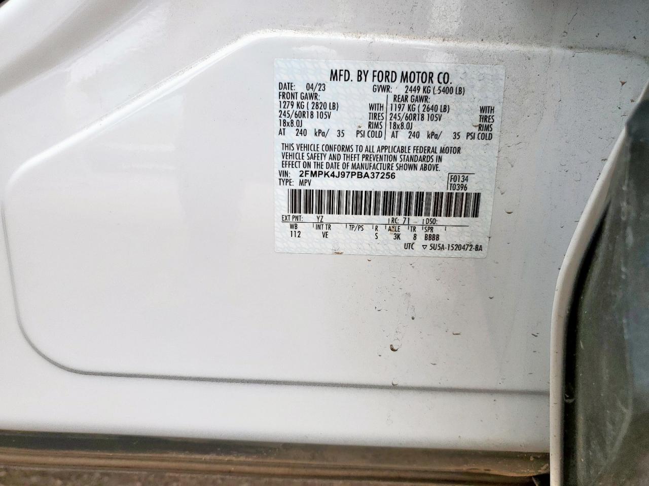 2023 Ford Edge Sel VIN: 2FMPK4J97PBA37256 Lot: 63072045