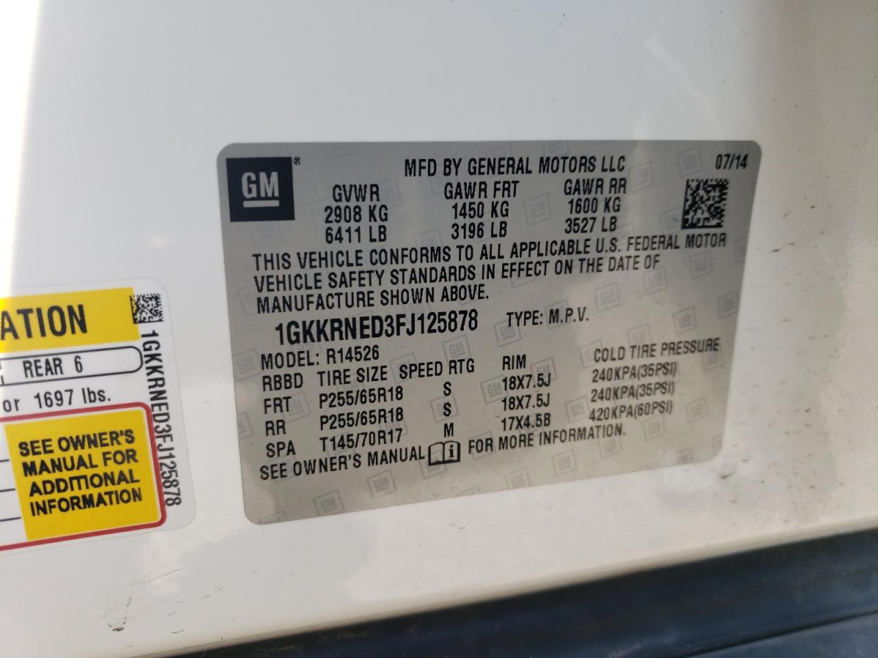 2015 GMC Acadia Sle VIN: 1GKKRNED3FJ125878 Lot: 65449975
