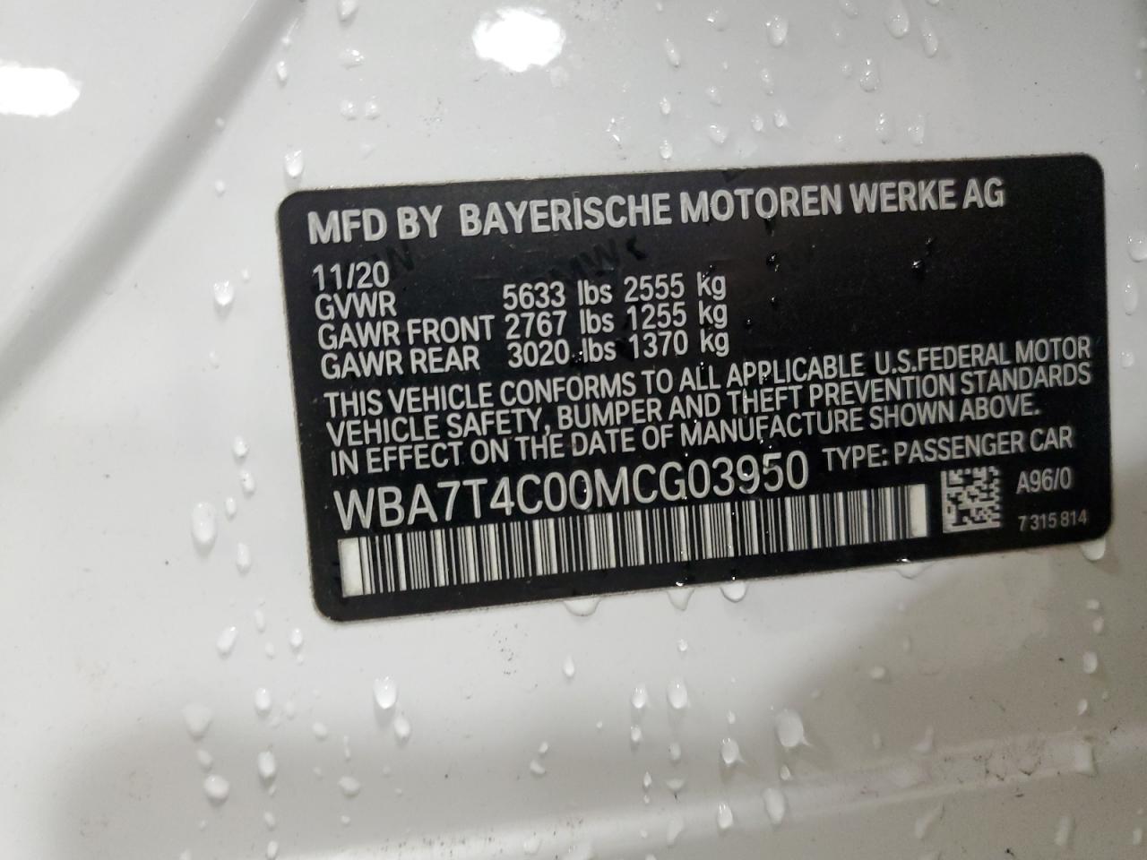 2021 BMW 740 Xi VIN: WBA7T4C00MCG03950 Lot: 63220395