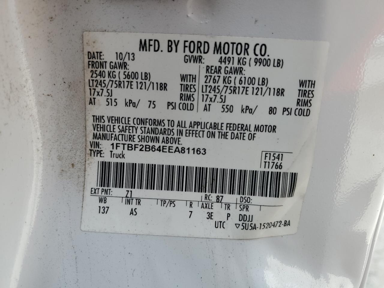 2014 Ford F250 Super Duty VIN: 1FTBF2B64EEA81163 Lot: 65412345