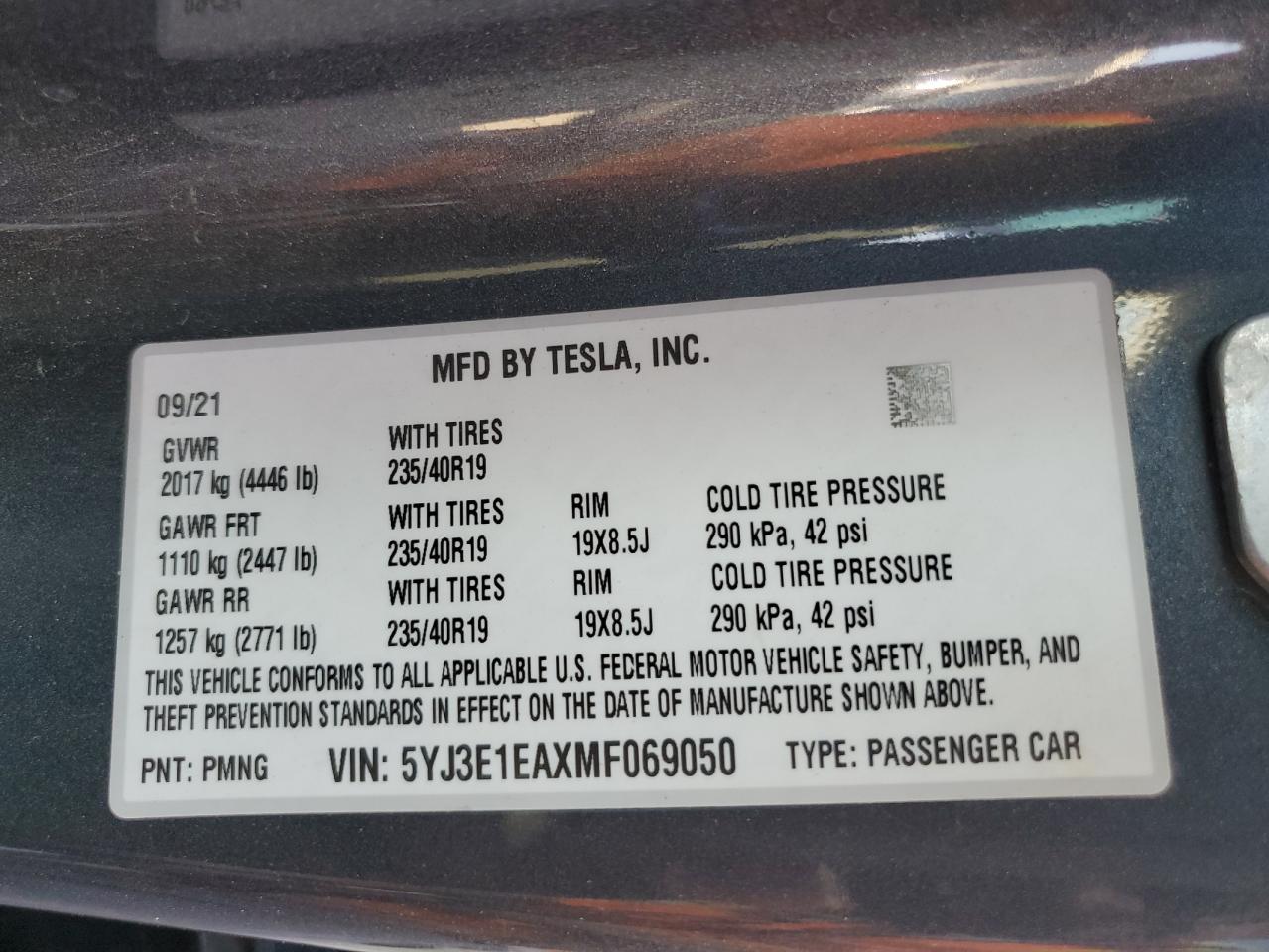 2021 Tesla Model 3 VIN: 5YJ3E1EAXMF069050 Lot: 65470945