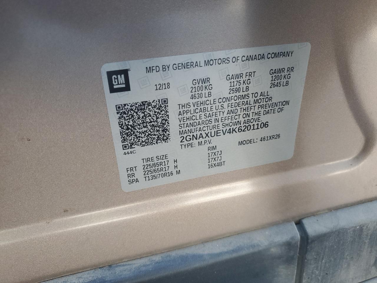 2019 Chevrolet Equinox Lt VIN: 2GNAXUEV4K6201106 Lot: 65170895