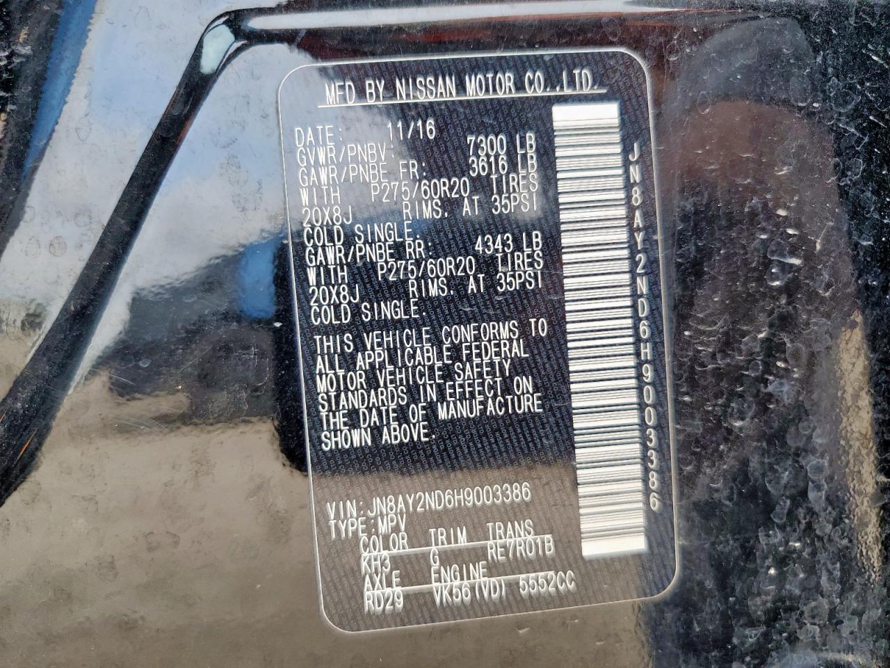 2017 Nissan Armada Sv VIN: JN8AY2ND6H9003386 Lot: 64620115
