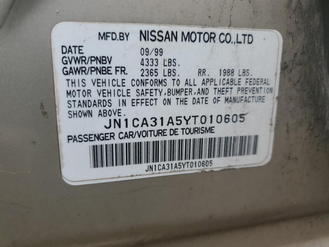 2000 Nissan Maxima Gle VIN: JN1CA31A5YT010605 Lot: 65340315