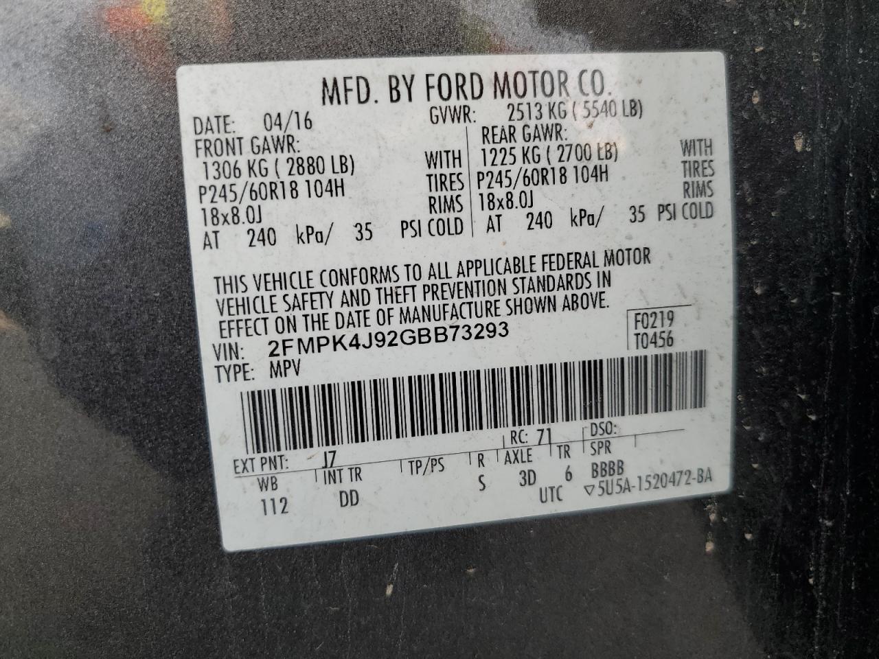 2016 Ford Edge Sel VIN: 2FMPK4J92GBB73293 Lot: 65371435