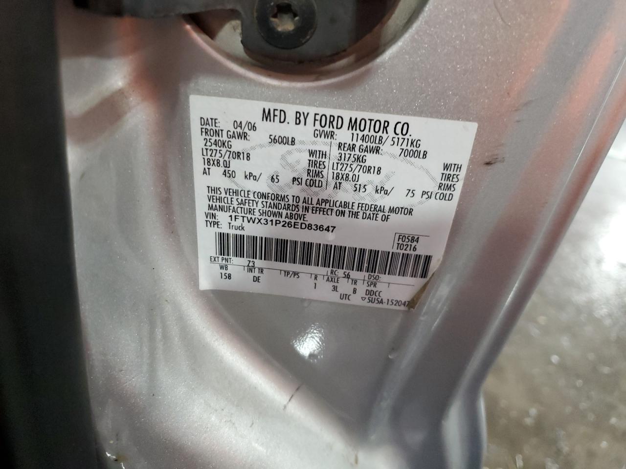2006 Ford F350 Srw Super Duty VIN: 1FTWX31P26ED83647 Lot: 64185465
