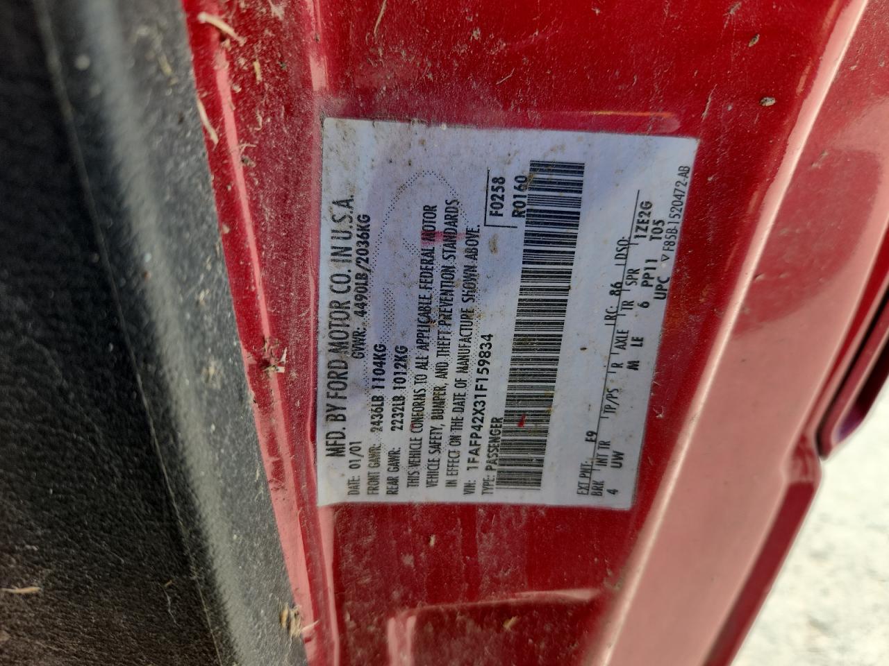 2001 Ford Mustang Gt VIN: 1FAFP42X31F159834 Lot: 64668015