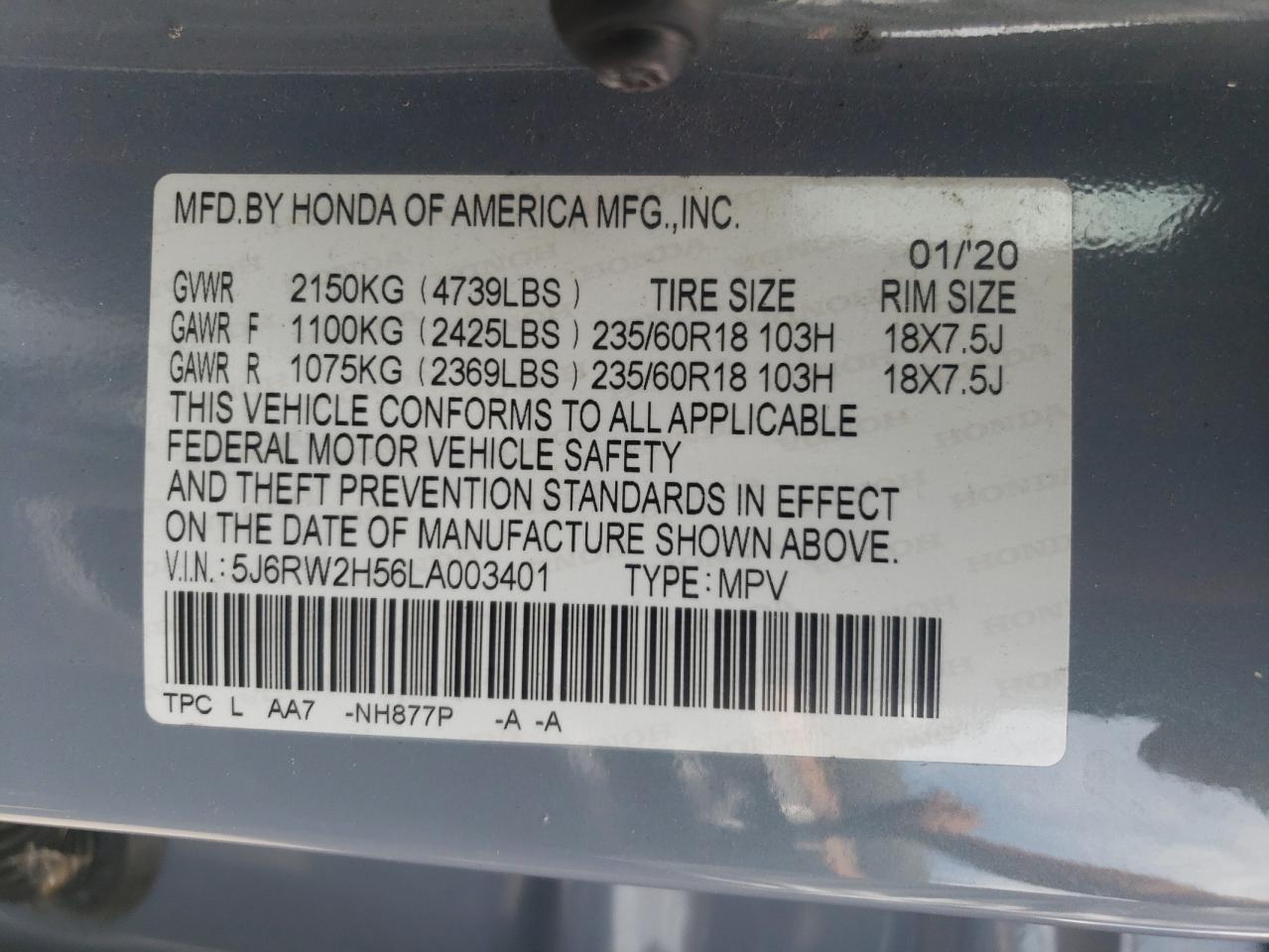 2020 Honda Cr-V Ex VIN: 5J6RW2H56LA003401 Lot: 64503245