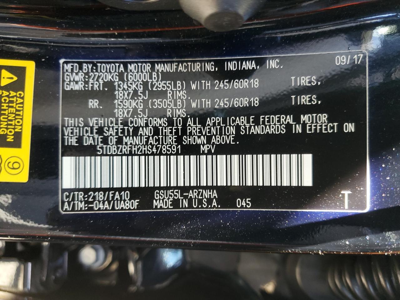 2017 Toyota Highlander Le VIN: 5TDBZRFH2HS478591 Lot: 64118565