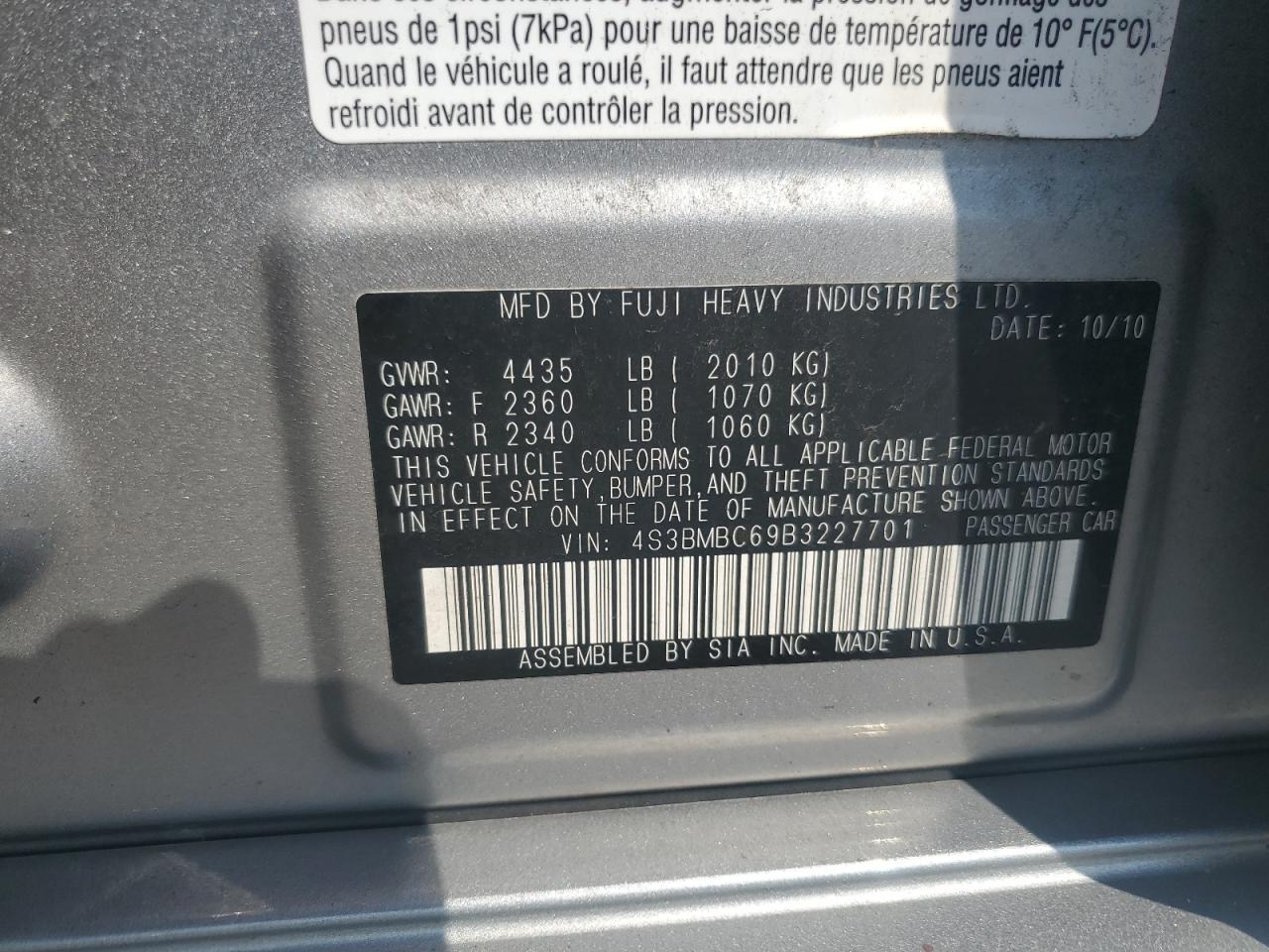2011 Subaru Legacy 2.5I Premium VIN: 4S3BMBC69B3227701 Lot: 63689315