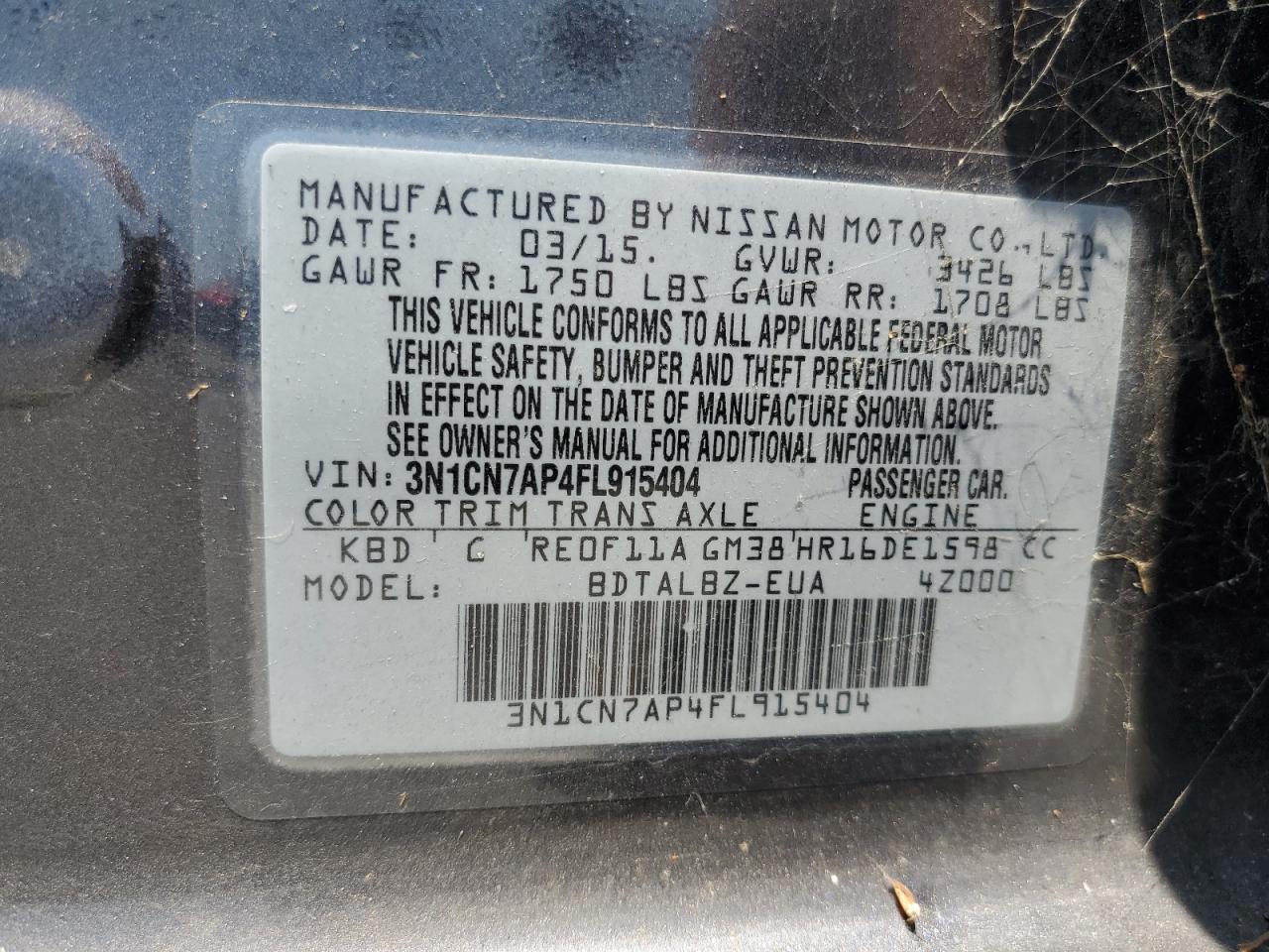 2015 Nissan Versa S VIN: 3N1CN7AP4FL915404 Lot: 64859255