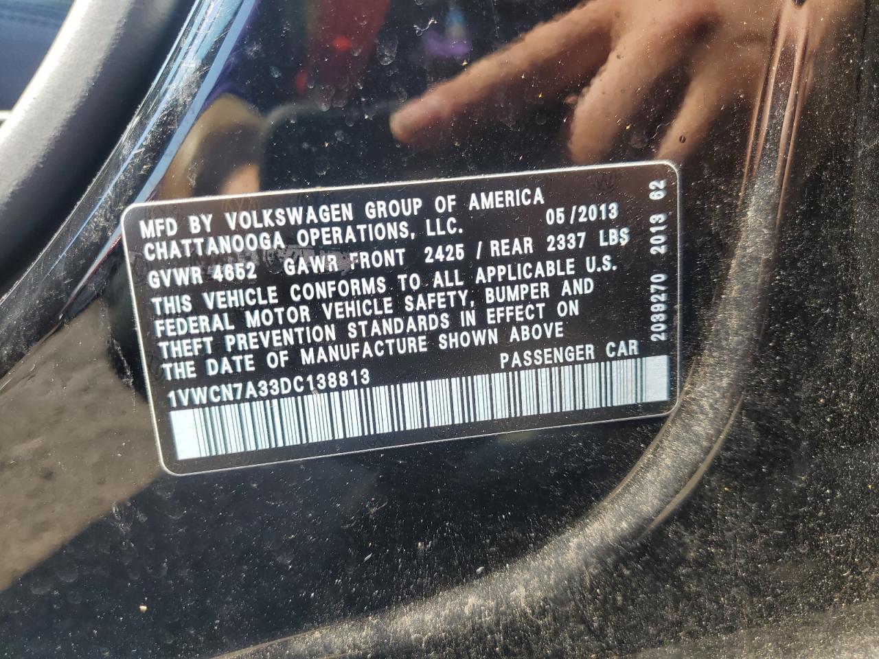 2013 Volkswagen Passat Sel VIN: 1VWCN7A33DC138813 Lot: 63376735
