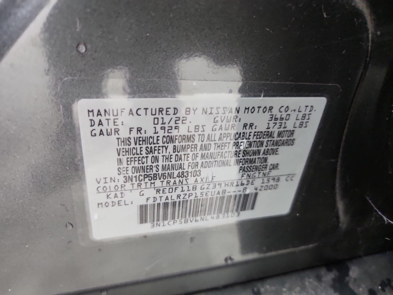 2022 Nissan Kicks S VIN: 3N1CP5BV6NL483103 Lot: 62549305