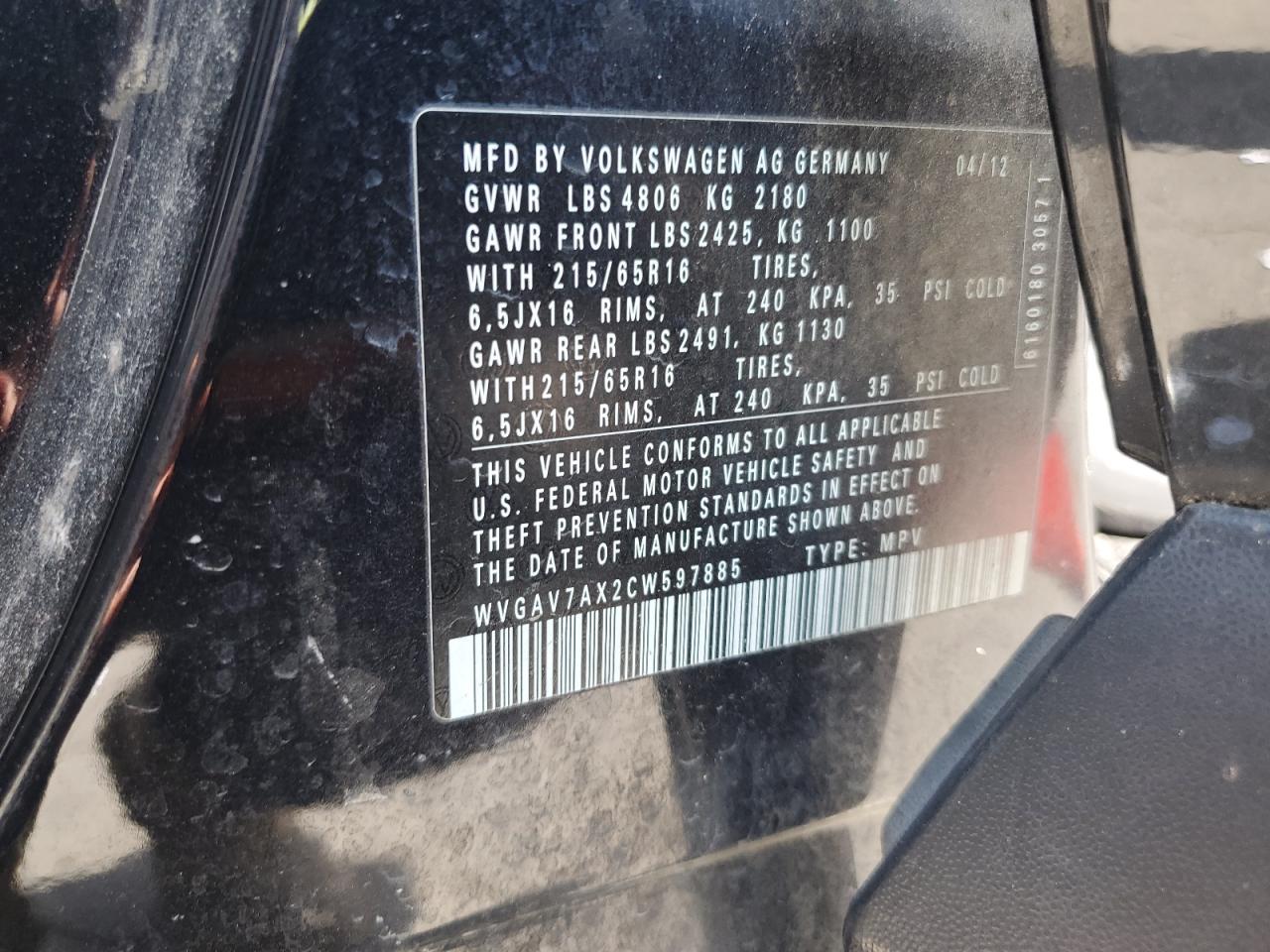 2012 Volkswagen Tiguan S VIN: WVGAV7AX2CW597885 Lot: 64893935