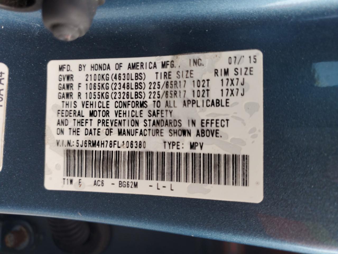 2015 Honda Cr-V Exl VIN: 5J6RM4H78FL106380 Lot: 64468895