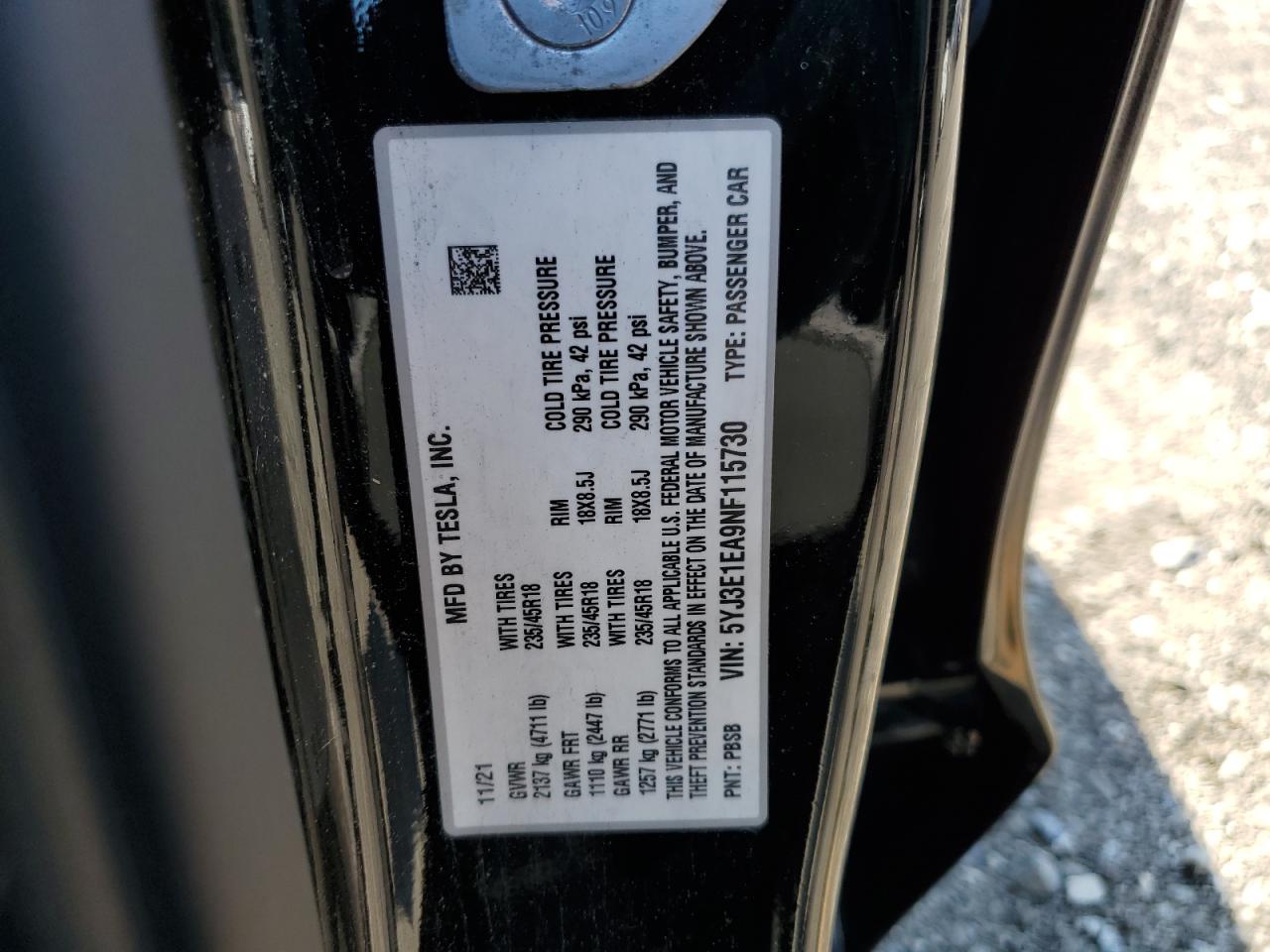 2022 Tesla Model 3 VIN: 5YJ3E1EA9NF115730 Lot: 64940925