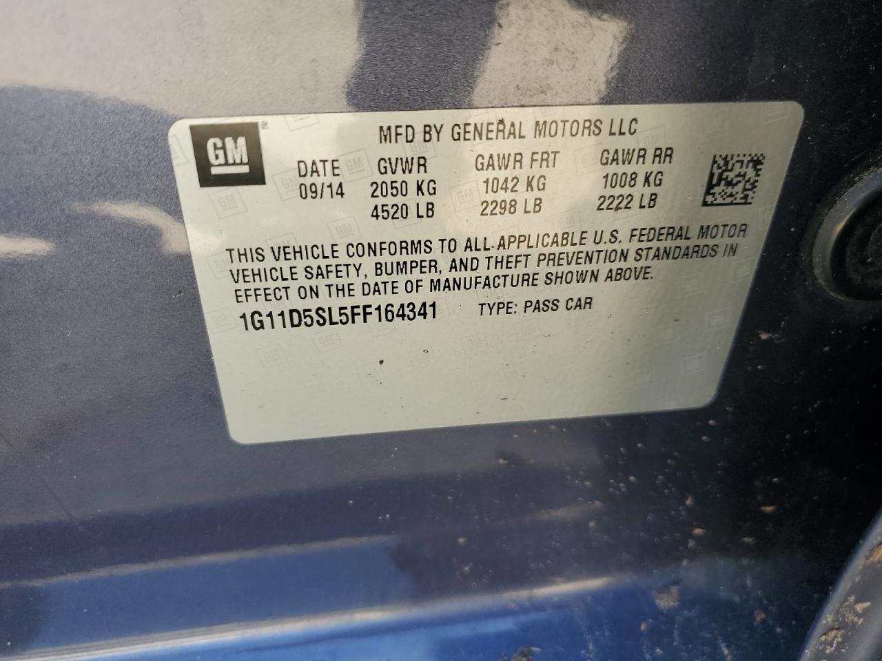 1g11d5sl5ff164341 1G11D5SL5FF164341 2015 Chevrolet Malibu 2Lt