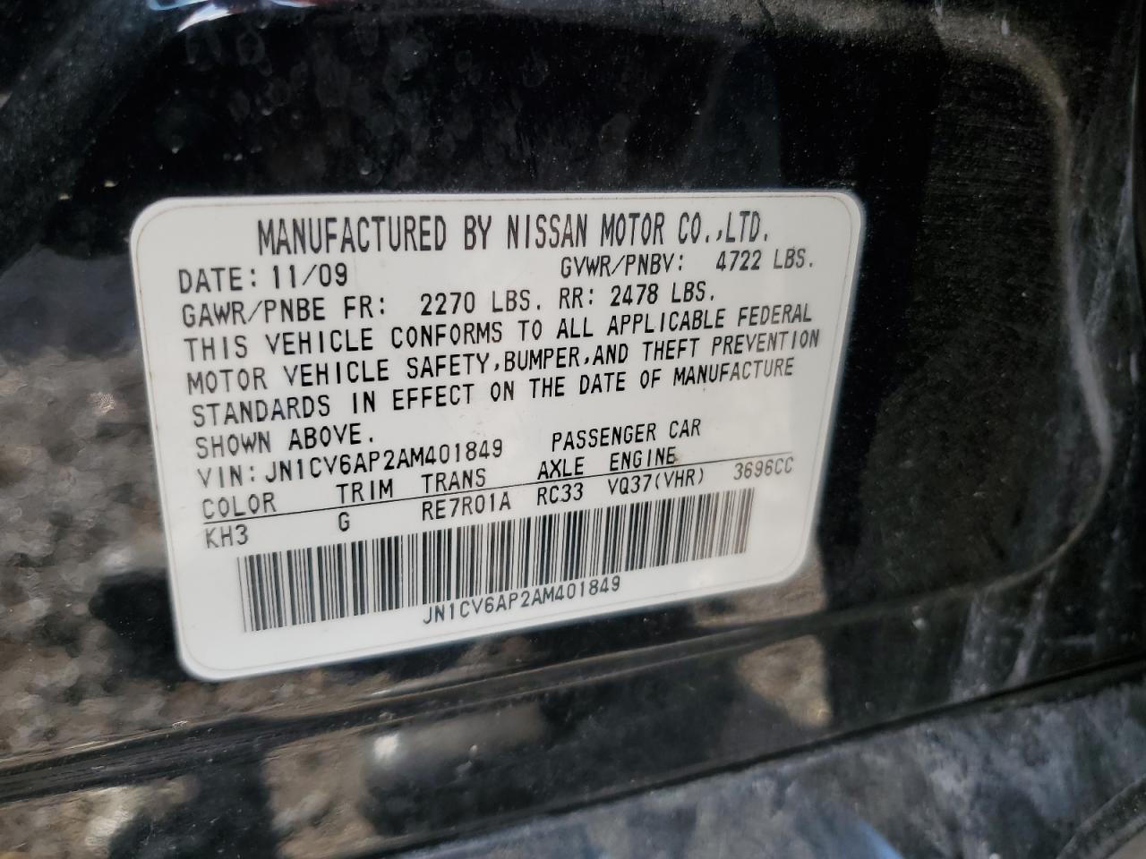 2010 Infiniti G37 Base VIN: JN1CV6AP2AM401849 Lot: 64699505