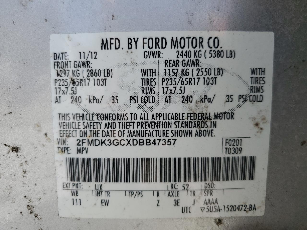 2013 Ford Edge Se VIN: 2FMDK3GCXDBB47357 Lot: 64296395