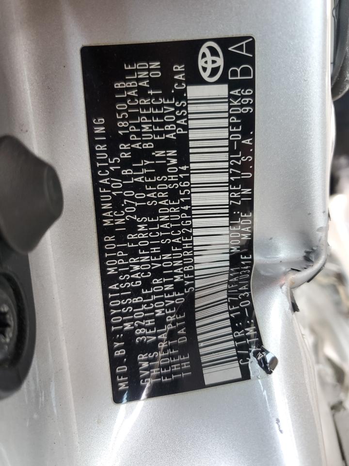 2016 Toyota Corolla L VIN: 5YFBURHE2GP415614 Lot: 63991985