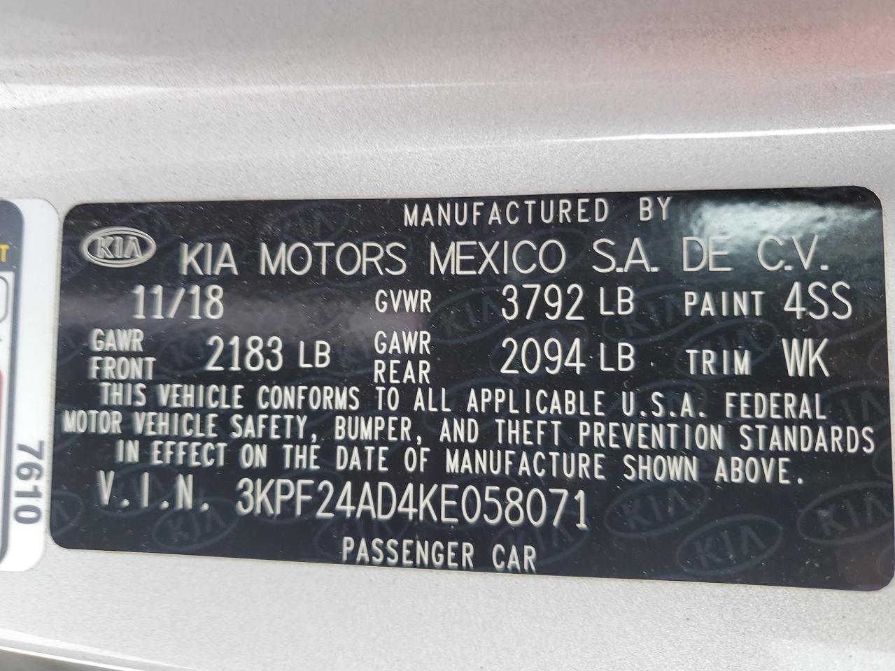 2019 Kia Forte Fe VIN: 3KPF24AD4KE058071 Lot: 64851135