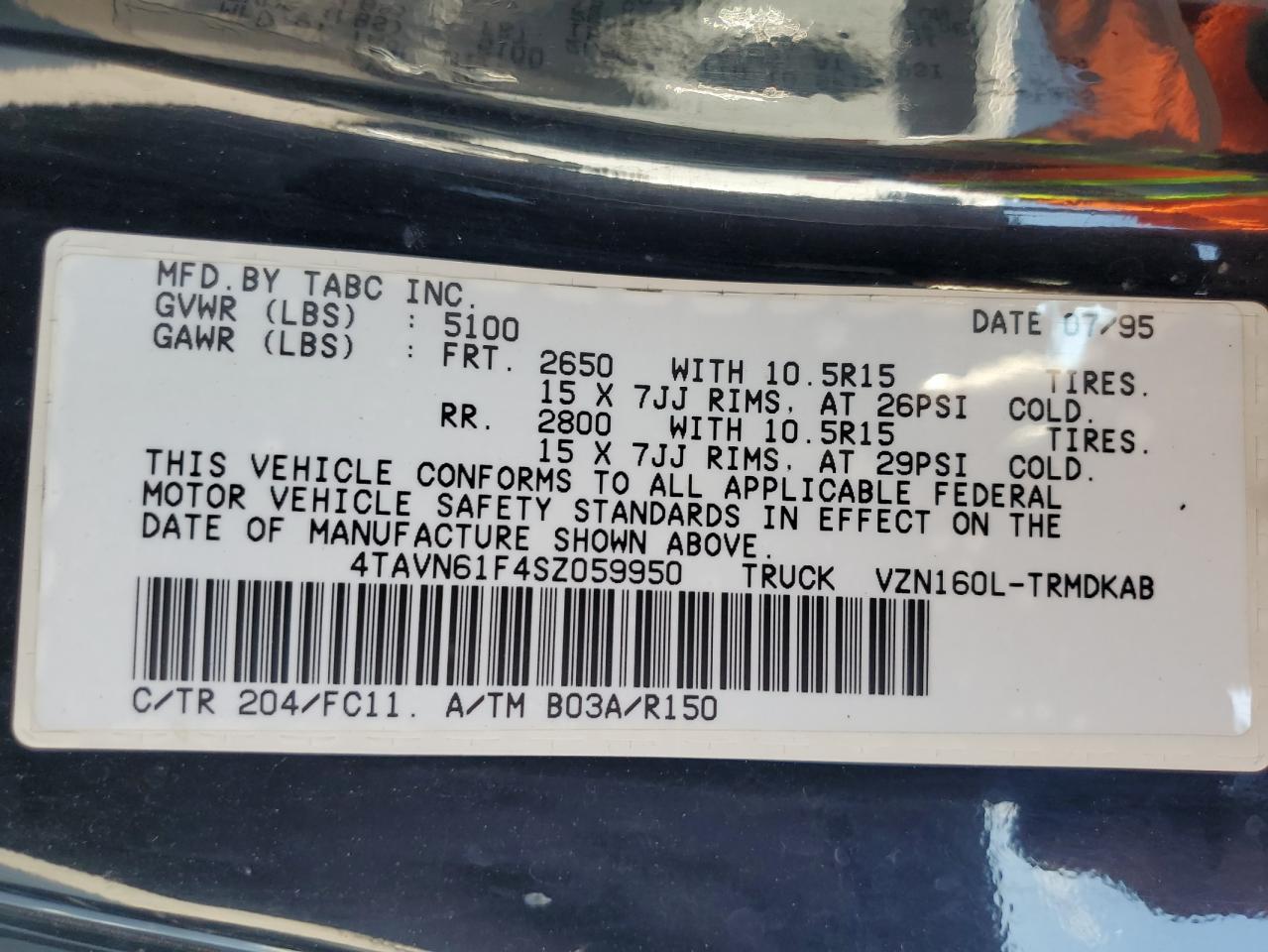 1995 Toyota Tacoma VIN: 4TAVN61F4SZ059950 Lot: 65342715