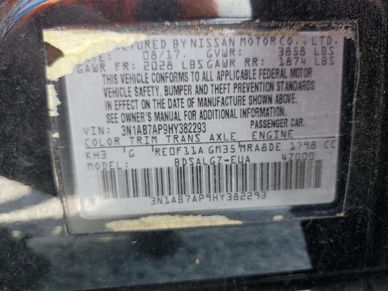 2017 Nissan Sentra S VIN: 3N1AB7AP9HY382293 Lot: 65320555