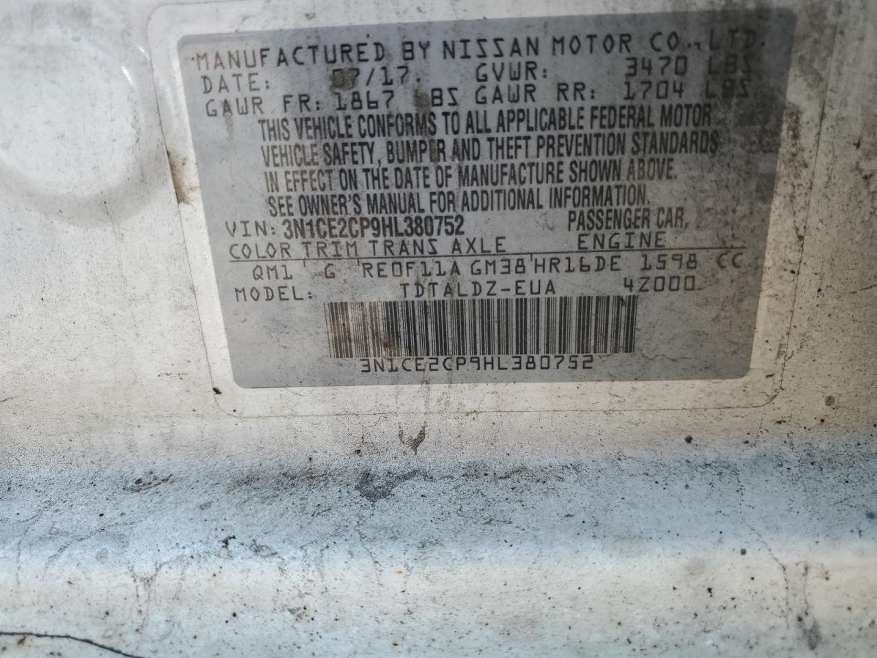 2017 Nissan Versa Note S VIN: 3N1CE2CP9HL380752 Lot: 64608505