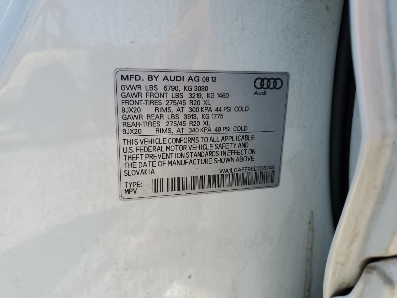 2014 Audi Q7 Premium Plus VIN: WA1LGAFE9ED006746 Lot: 64486785