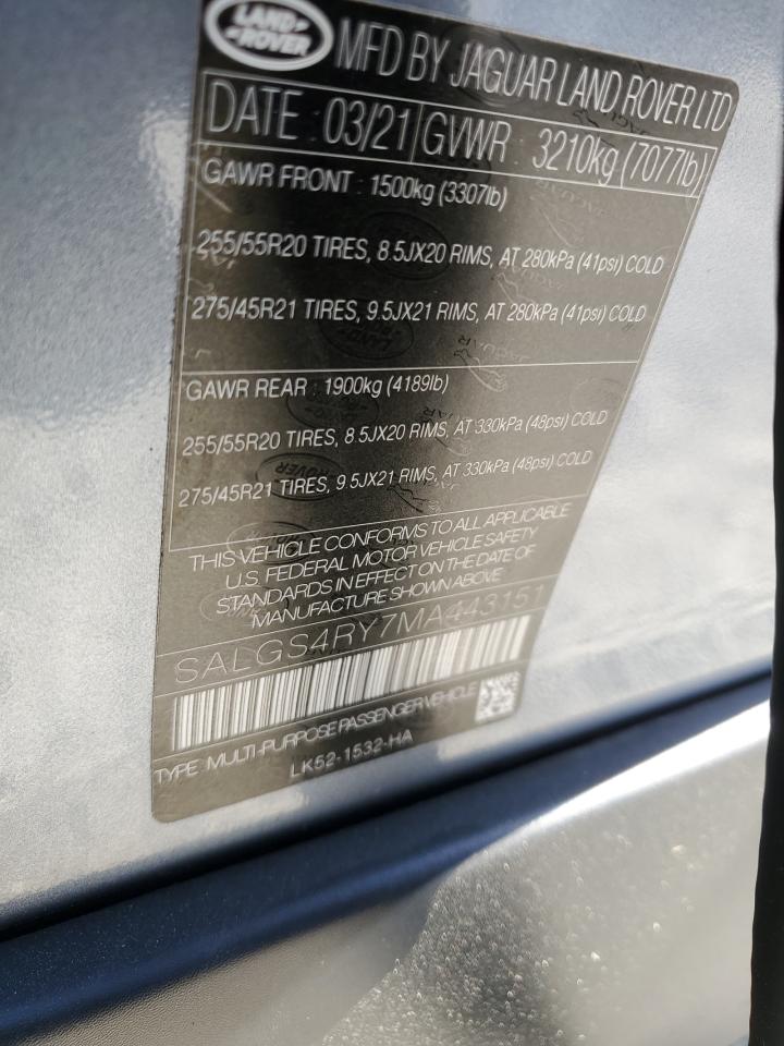 2021 Land Rover Range Rover Hse VIN: SALGS4RY7MA443151 Lot: 63793545