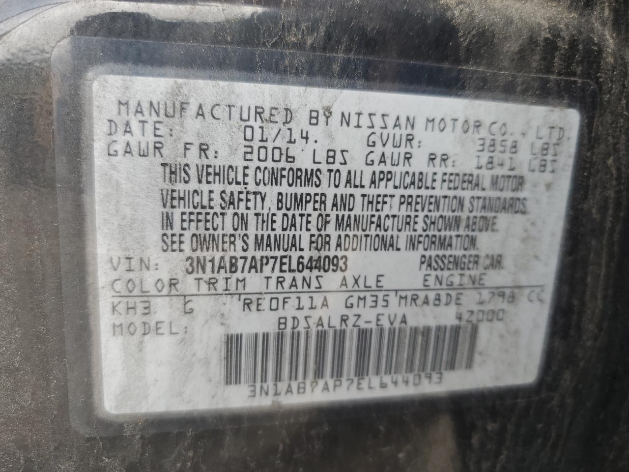 2014 Nissan Sentra S VIN: 3N1AB7AP7EL644093 Lot: 65527135