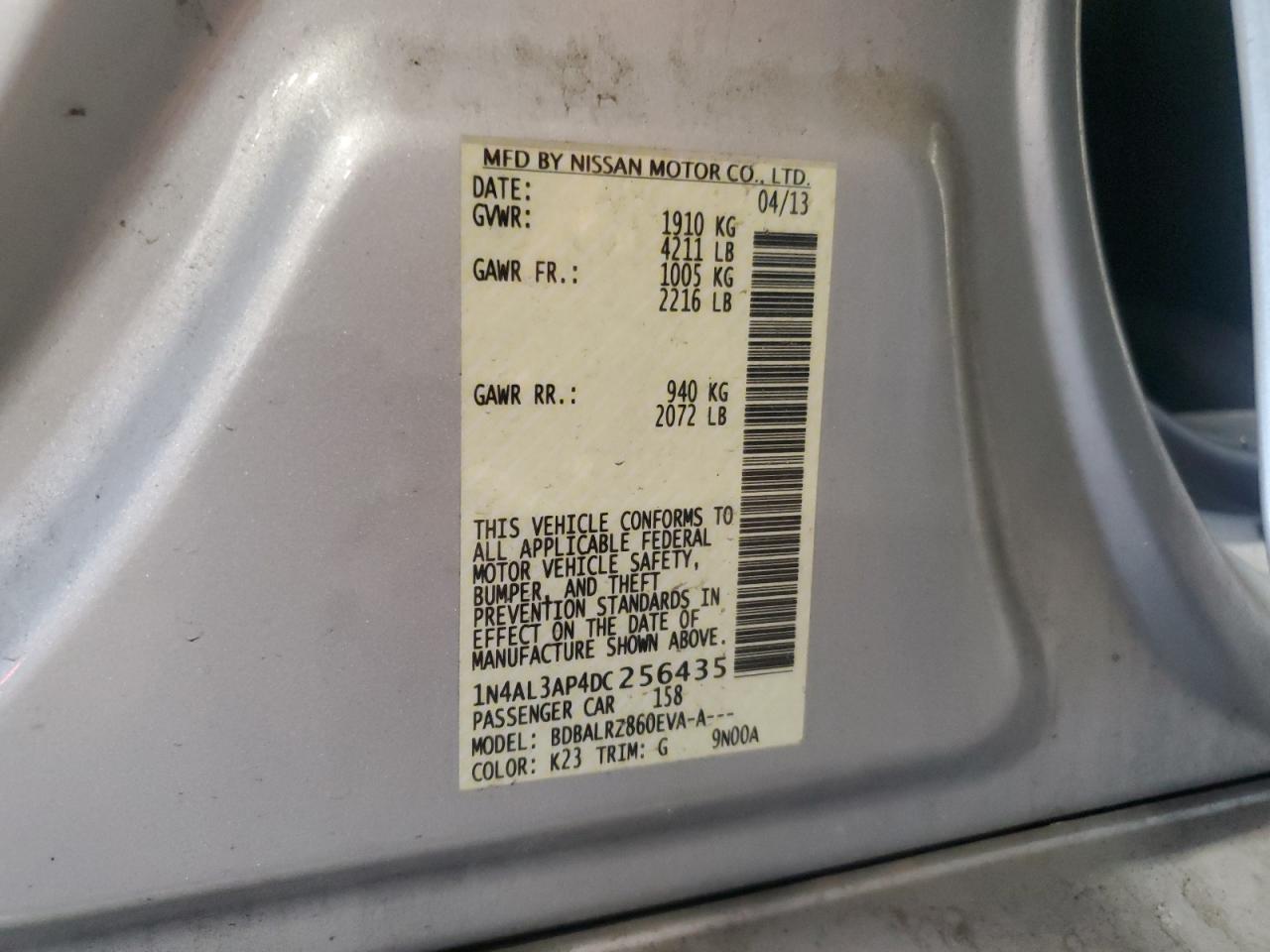 2013 Nissan Altima 2.5 VIN: 1N4AL3AP4DC256435 Lot: 62328555