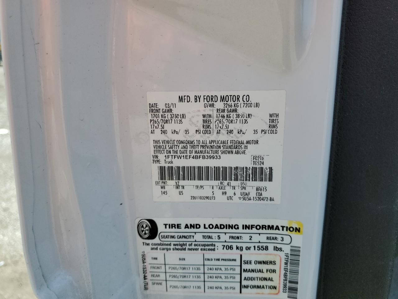 2011 Ford F150 Supercrew VIN: 1FTFW1EF4BFB39933 Lot: 66145595